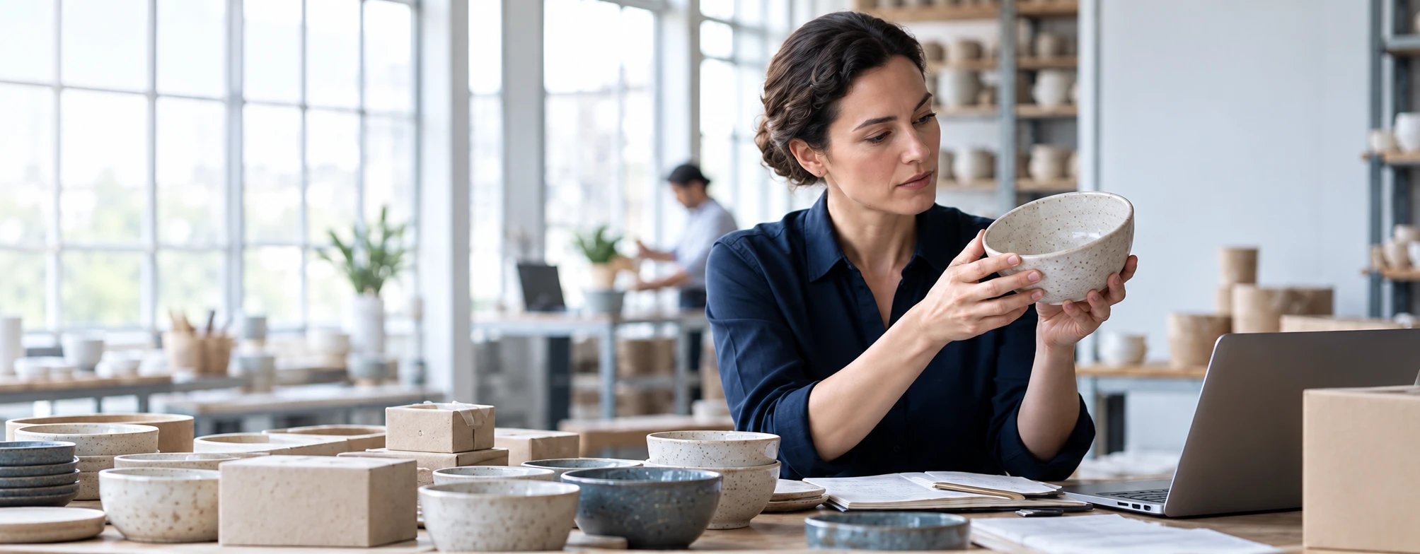A buyer examining ceramic products in a bright studio